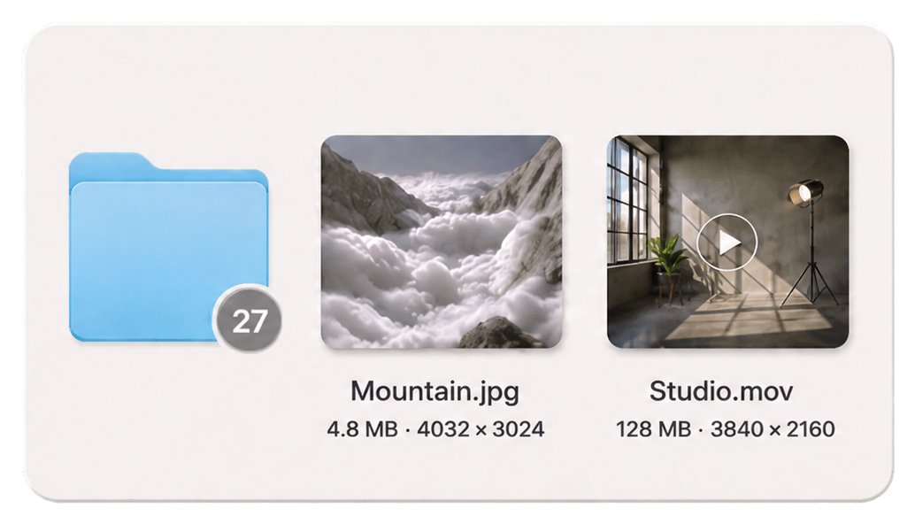 Finder Icon View with a folder-count badge, image file size and dimensions, and video size and resolution displayed by HaloLayer